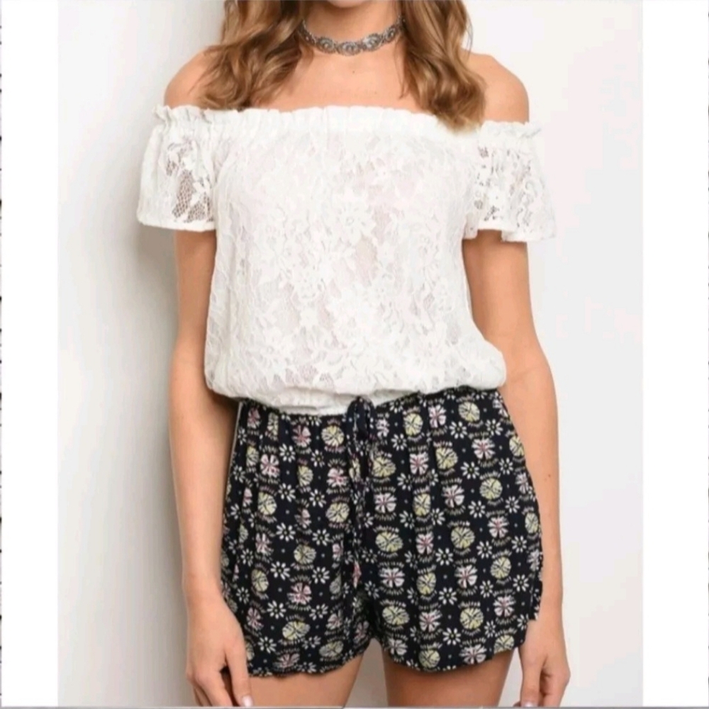 NWT Miss Morena Lace Top Off Shoulder & Multicolor Print Bottom Romper